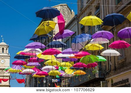 Street Decorated With Colored Umbrellas. Arles, Provence. France