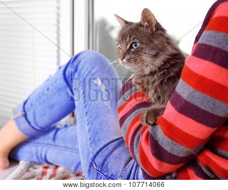 Woman in colourful pullover holds in hands beautiful grey cat near window