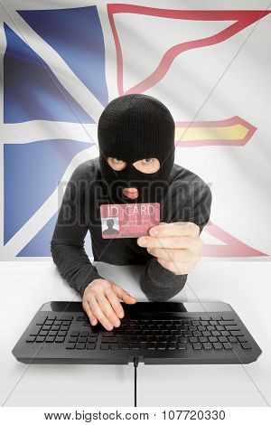Hacker With Canadian Province Flag On Background Holding Id Card In Hand - Newfoundland And Labrador