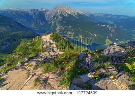 Beautiful view from top of cableway above the Konigsee lake on Schneibstein mountain ridge. Border of German and Austrian Alps, Europe.