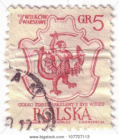 Poland - Circa 1965: Stamp Printed By Poland, Shows Warsaw Coat Of Arms, 17Th Century, Circa 1965