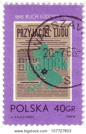 Poland - Circa 1965: A Stamp Printed In Poland Shows An Image Of Four Leaves Clower With Inscription