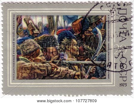 Ussr - Circa 1973: A Stamp Printed By Ussr Shows A Picture Of The Conquest Of Siberia By Yermak, By
