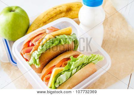 Lunch box with sandwich salad and friuts