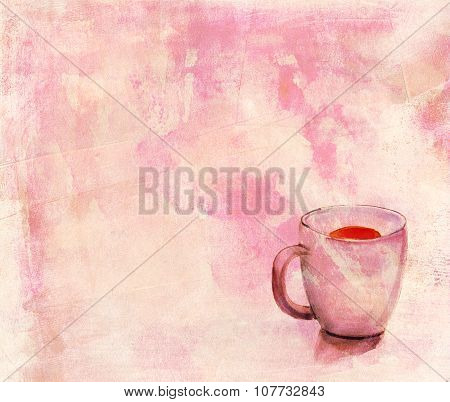A watercolour drawing of a tea cup with a distressed background texture