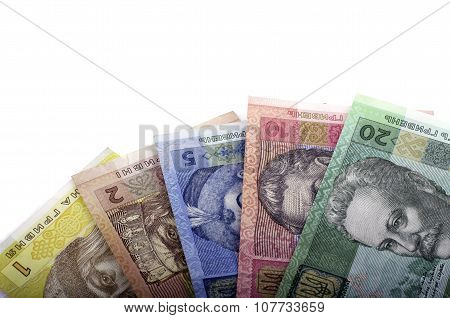 Bills Nominal Value Of Twenty-hryvnia, Ten Hryvnia, Five Hryvnia, Two Hryvnia, One Hryvnia, White Ba