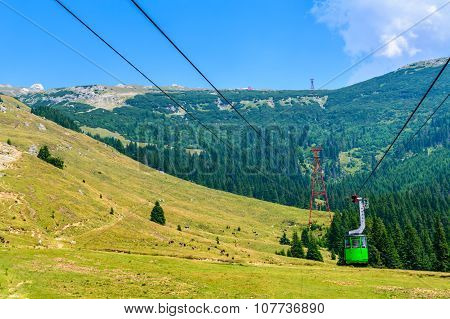 Beautiful View From Top Of Cableway Above The Mountains And Meadows. Horizontal Colorful Landscape O