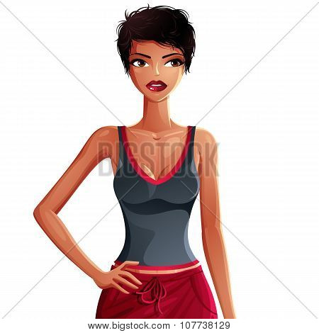 Sexy Flirting Woman Upper Body Portrait. Beautiful Brunette Holding Her Hands On Waist, Isolated