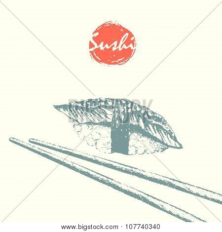 Unagi Sushi And Chopsticks Sketch Background.