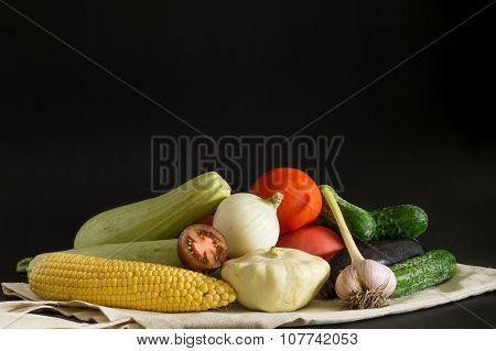 Fresh farm vegetables on the sackcloth