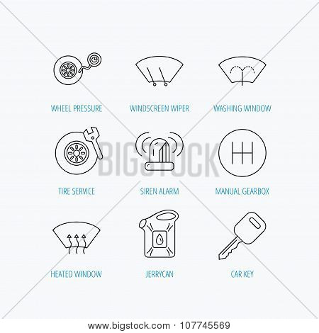 Manual gearbox, tire service and car key icons.