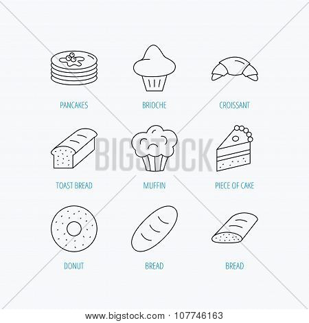 Croissant, cake and bread icons. Muffin.