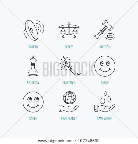 Scales of justice, auction hammer and strategy.