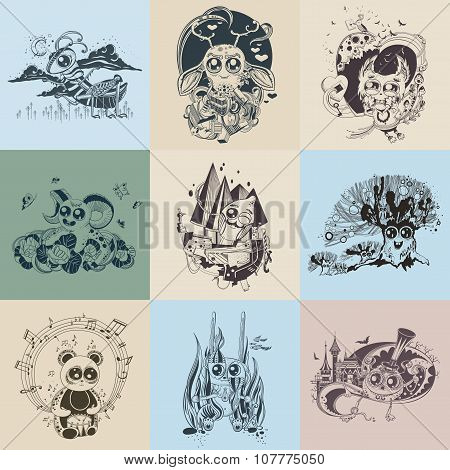Set of images with painted fantastic creatures cartoonish.