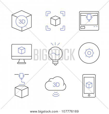 3D print icon set. Modern minimalistic flat design. 