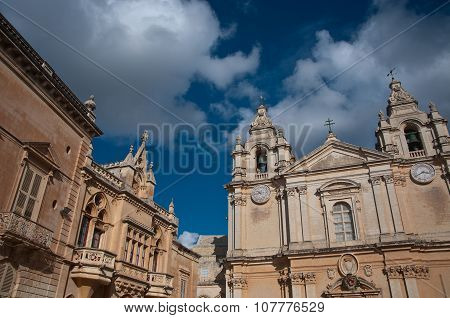 detail Of The Bell Tower Of The Cathedral City Of Midna Located On The Island Of Malta