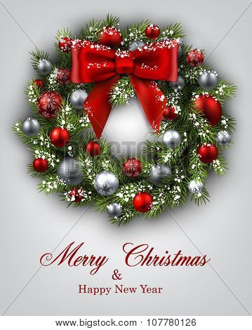 New Year and xmas card with Christmas wreath. Vector illustration.