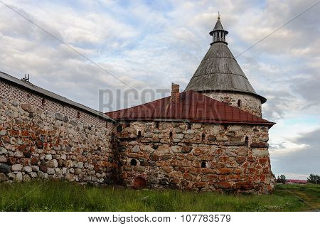 Ancient Stone Wall And Tower Of Solovetsky Monastery
