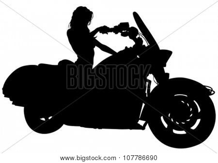 Silhouettes of motorcycl and baeuty women on white background