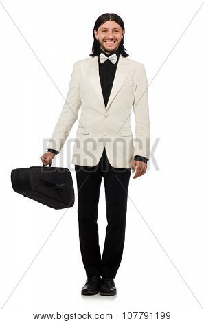 Man with violin case on whtie