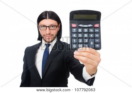 Man with calculator isolated on white