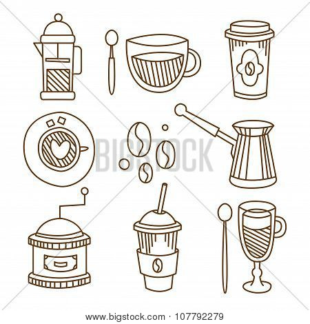 Coffee Elements Handdrawn Set. Vector Illustration.