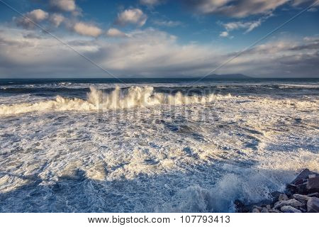 Fantastic sea view with blue sky and strong storm waves. Dramatic and picturesque scene. Location Gioiosa Marea. Lipari island, Sicilia, Italy, Europe. Mediterranean and Tyrrhenian sea. Beauty world.