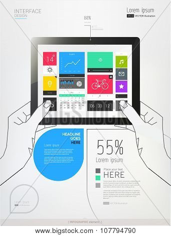 Hands holding a tablet with interface template.