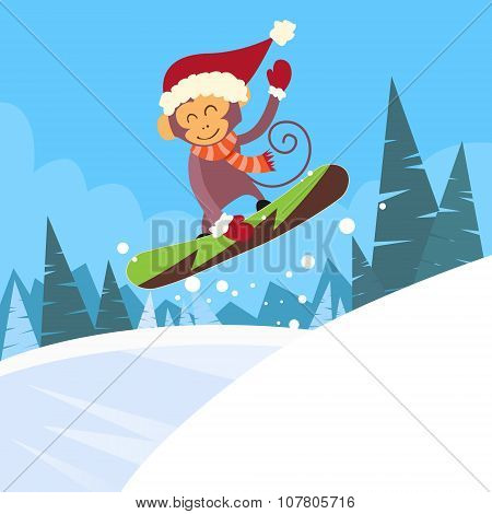 Monkey Snowboarder Sliding Down Hill, Winter Banner Snowboarding