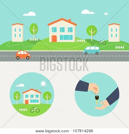 Town Street with Houses and Cars Header. Renting, Buying or Sharing Apartment Round Illustrations