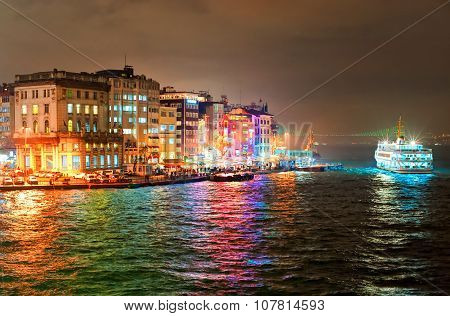 Night View Of Galata Quarter On Bosporus In Istanbul, Turkey