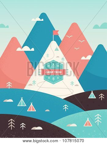 Vintage Mountains and Hills Landscape with Trails, Trees, Tents and Camp Sign.