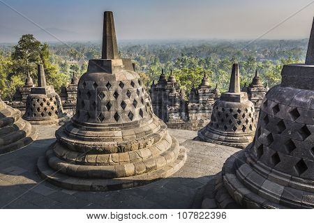 Buddist Temple Borobudur On Sunset Background. Yogyakarta. Java, Indonesia