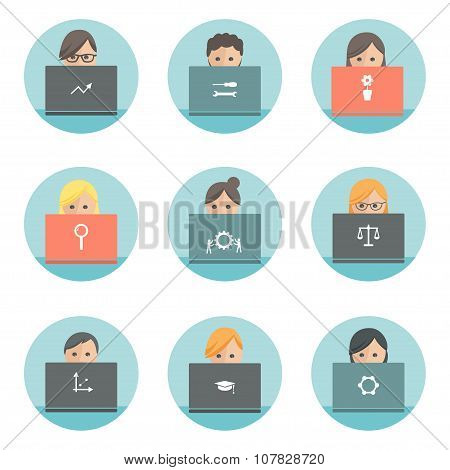 People and Computers Round Illustrations. Team Roles Concept