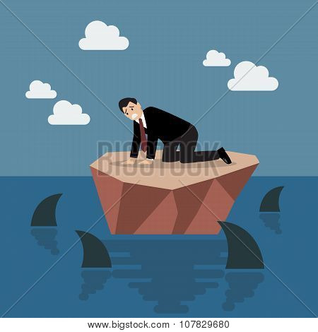 Helpless Businessman On A Small Island Which Surrounded By Sharks