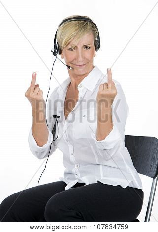 Manager Woman With The Headsets Doing Midle Finger