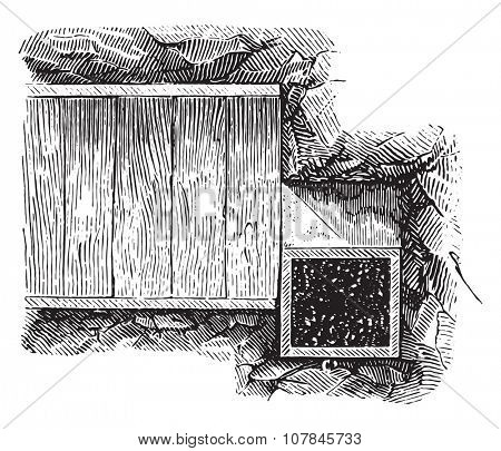 Mine chamber, vertical section 1/50, vintage engraved illustration. Industrial encyclopedia E.-O. Lami - 1875.