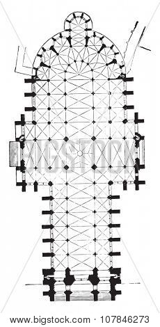 Map of Amiens cathedral, vintage engraved illustration. Industrial encyclopedia E.-O. Lami - 1875.