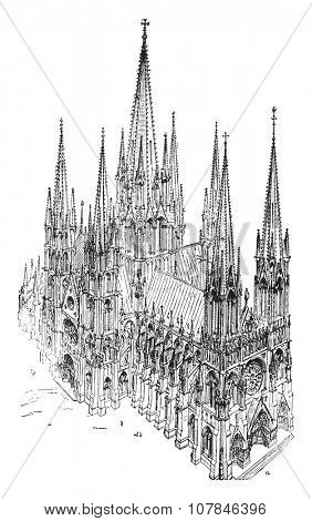 A cavalier view of the thirteenth century Cathedral, built entirely after the type adopted in Reims, vintage engraved illustration. Industrial encyclopedia E.-O. Lami - 1875.