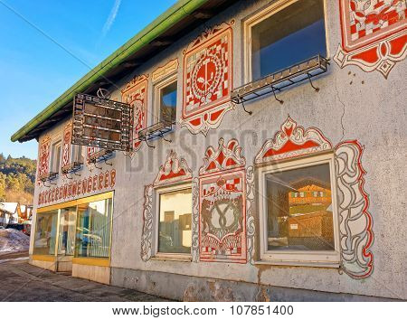 GARMISCH-PARTENKIRCHEN GERMANY - JANUARY 06 2015: Beautiful pattern on the facade of the house in Garmisch-Partenkirchen. It is a mountain resort in Bavaria Germany in the heart of the Alps