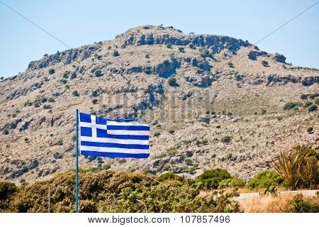 The Greek National flag in Rhodes. Sumertime
