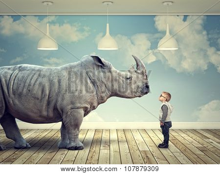  rhinoceros and kid in abstract 3d indoor
