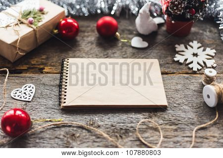 Cute vintage christmas new year gifts mock up on wooden background.