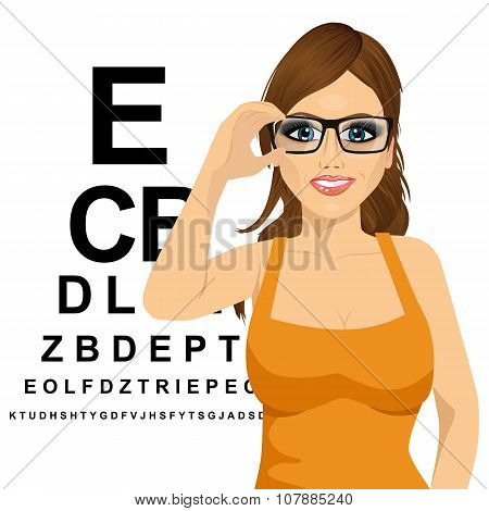 woman with glasses reading sight test characters