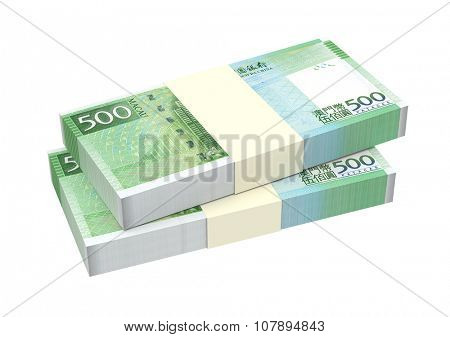 Macanese pataca bills isolated on white background. Computer generated 3D photo rendering.
