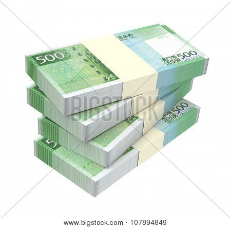 Macanese pataca bills isolated on white background. Computer generated 3D photo rendering.