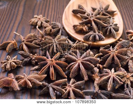 Star Anise In The Wooden Spoon
