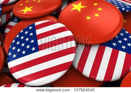 Flag Badges Of America And China In Pile - Concept Image For Us And Chinese Relations