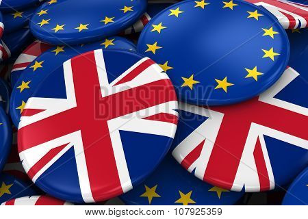 Flag Badges Of Britain And Europe In Pile - Concept Image For Uk And European Relations