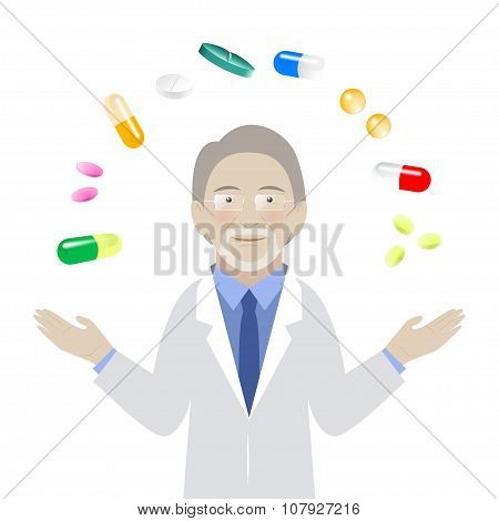 Pharmacologist With Different Kind Of Pills On White Background